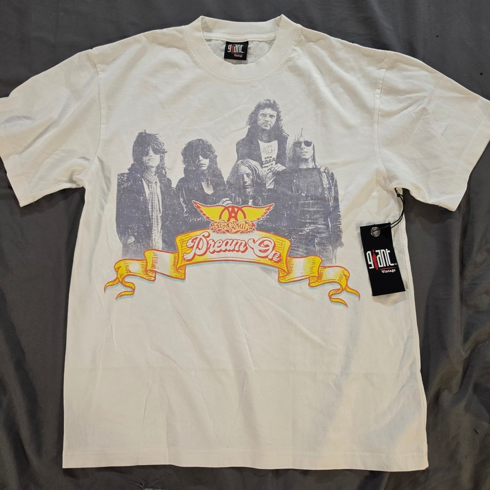 Aerosmith Dream On Giant Vintage Graphic T-Shirt Mens Medium White Rock Band Tee